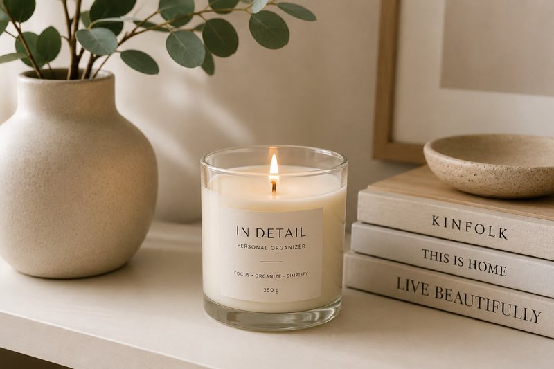 Lit IN DETAIL candle beside a ceramic vase with foliage and a stack of design books