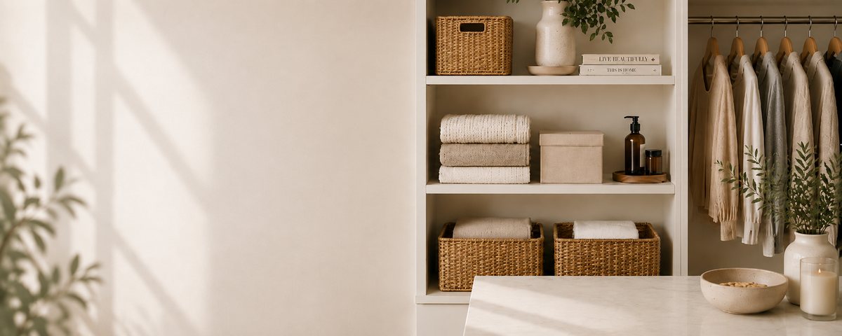 Organized closet with natural-fibre baskets, folded linens and neatly arranged clothing, in a premium, naturally lit setting