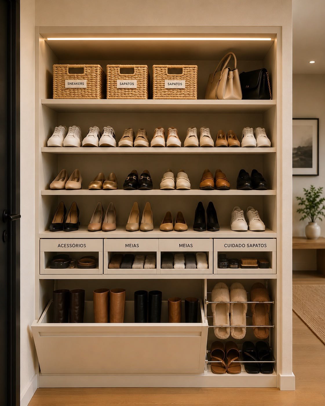 Closet à medida com cestos etiquetados, calçado organizado por tipo e gavetas de acessórios