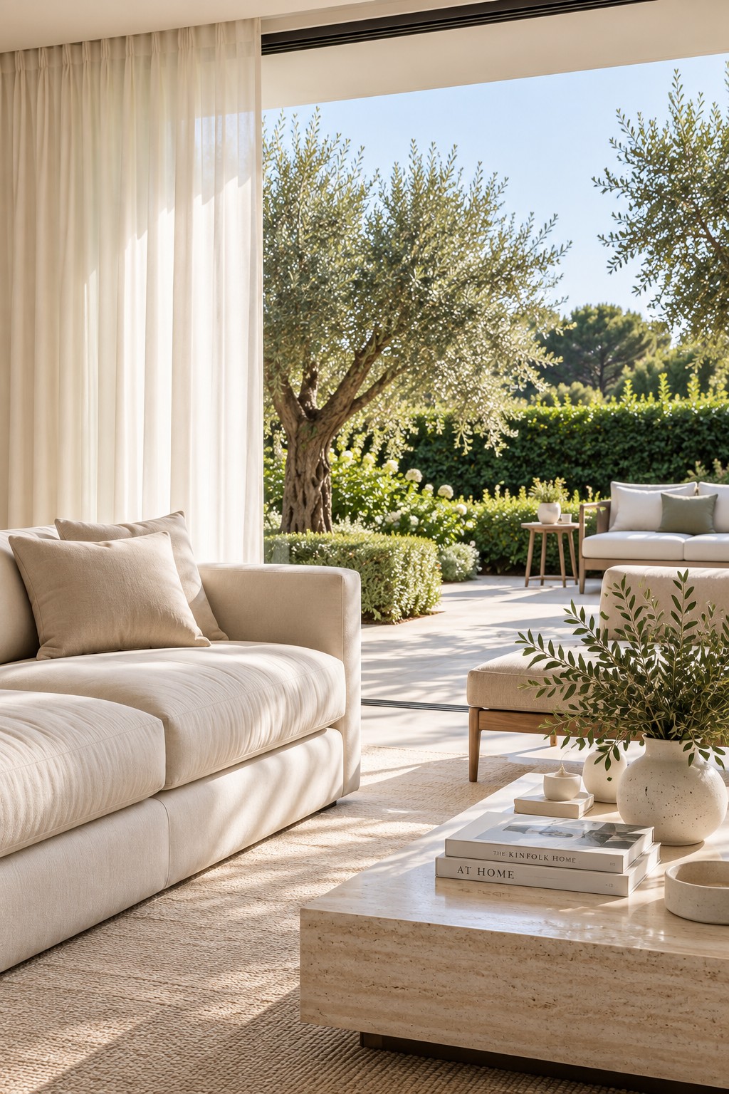 Living room with a light upholstered sofa opening onto a garden with an olive tree and natural light