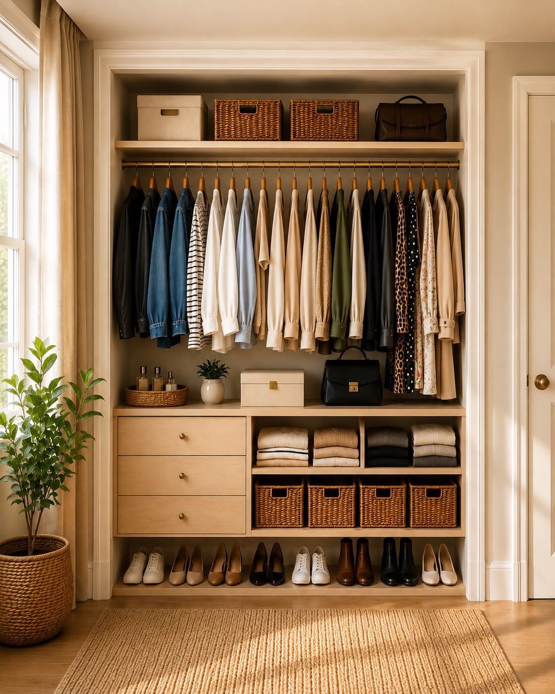 Organized closet with clothing folded and hung by category, a woven basket and a storage box