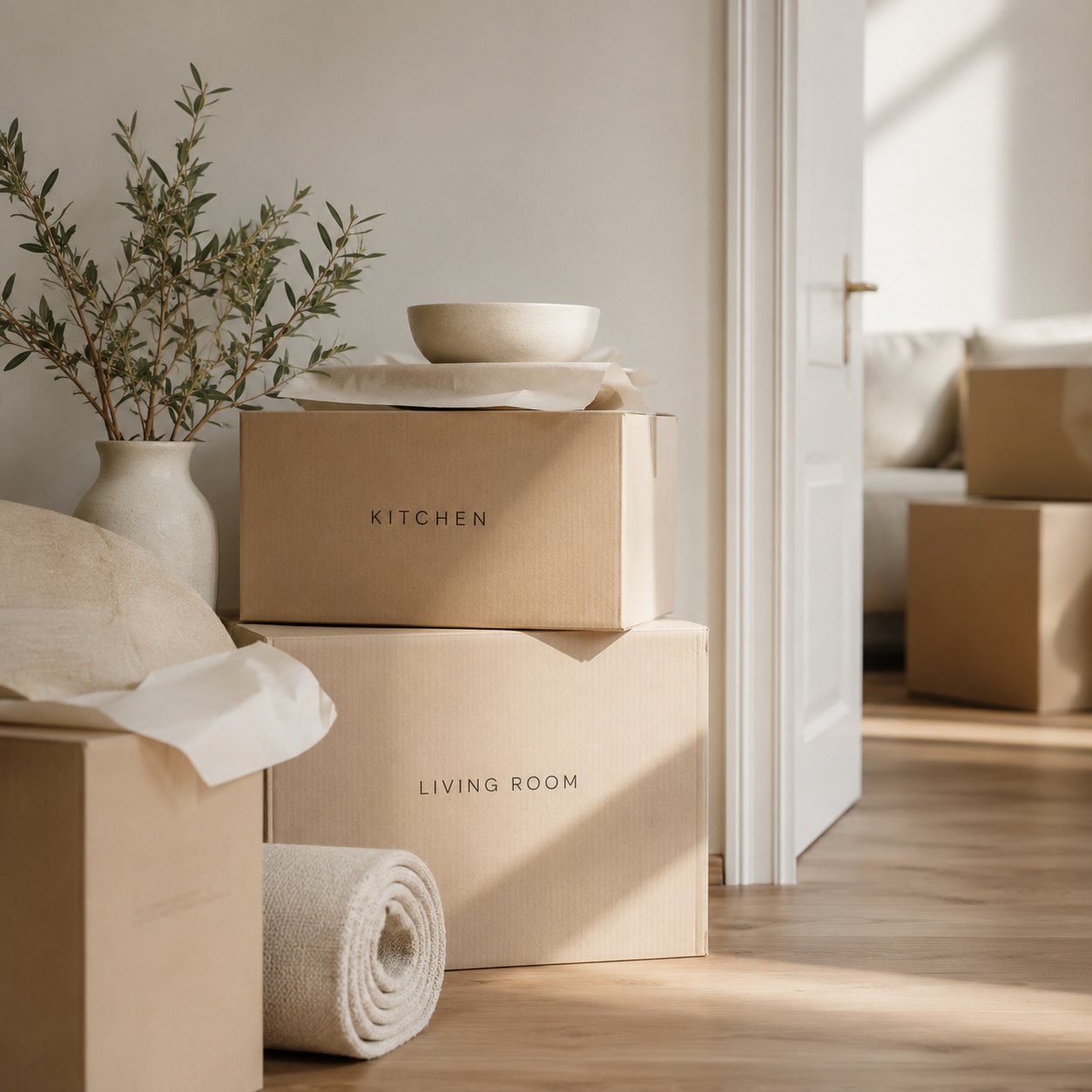 Elegant moving boxes labeled by room, in a well-kept residential setting