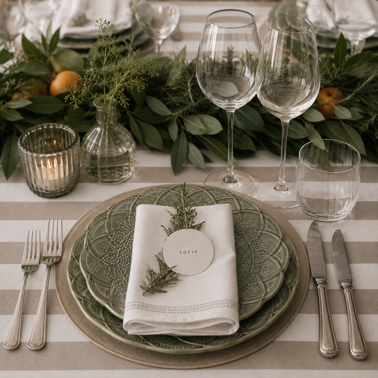 Styled event table with tableware, crystal glasses and a personalized place card