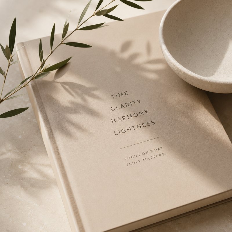 Neutral-toned notebook with the words Time, Clarity, Harmony, Lightness embossed on the cover, beside an olive branch